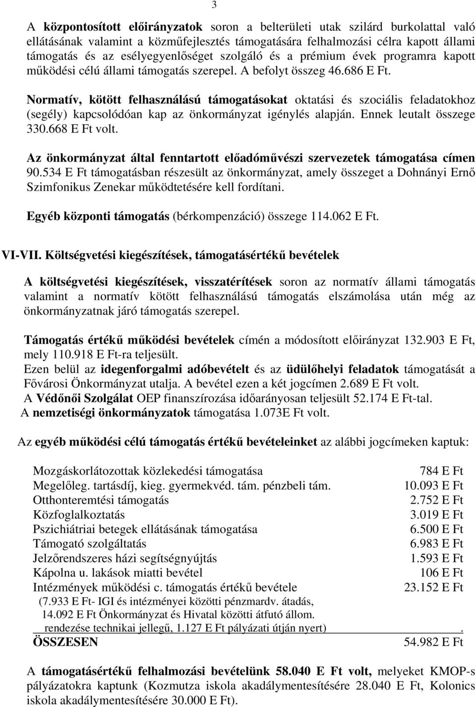 Normatív, kötött felhasználású támogatásokat oktatási és szociális feladatokhoz (segély) kapcsolódóan kap az önkormányzat igénylés alapján. Ennek leutalt összege 330.668 E Ft volt.