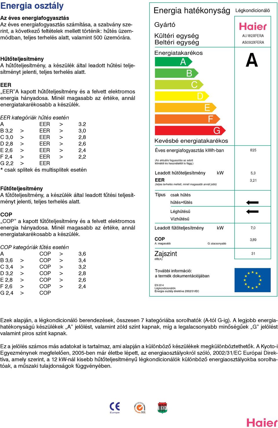 Minél magasabb az értéke, annál energiatakarékosabb a készülék. kategóriák hűtés esetén A > 3.