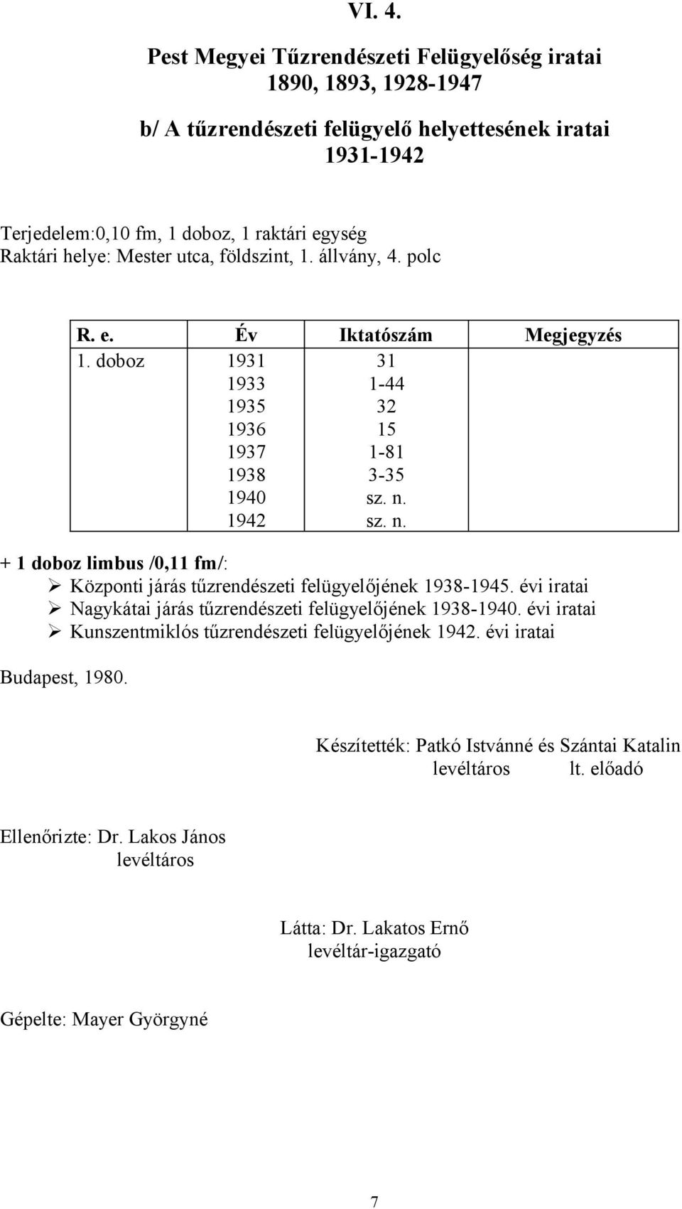 évi iratai Nagykátai járás tűzrendészeti felügyelőjének 1938-. évi iratai Kunszentmiklós tűzrendészeti felügyelőjének 1942. évi iratai Budapest, 1980.