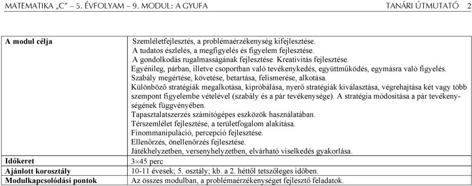 Egyénileg, párban, illetve csoportban való tevékenykedés, együttműködés, egymásra való figyelés. Szabály megértése, követése, betartása, felismerése, alkotása.