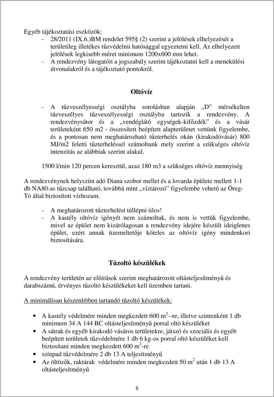 Oltóvíz - A tűzveszélyességi osztályba sorolásban alapján D mérsékelten tűzveszélyes tűzveszélyességi osztályba tartozik a rendezvény.