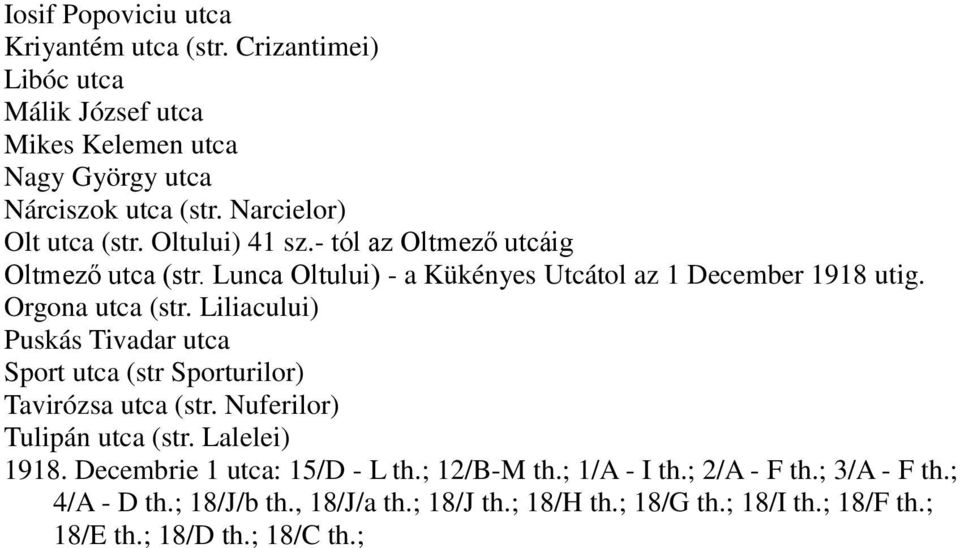 Orgona utca (str. Liliacului) Puskás Tivadar utca Sport utca (str Sporturilor) Tavirózsa utca (str. Nuferilor) Tulipán utca (str. Lalelei) 1918.