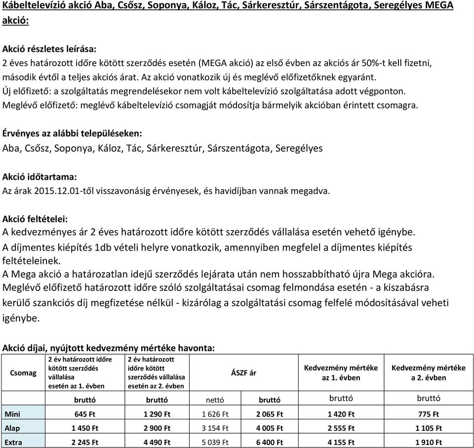 Meglévő előfizető: meglévő kábeltelevízió csomagját módosítja bármelyik akcióban érintett csomagra.