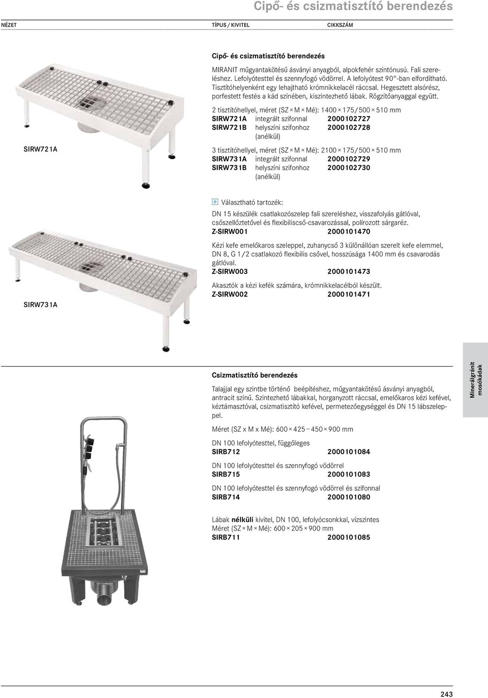 SIRW721A 2 tisztítóhellyel, méret (SZ M Mé): 1400 175/500 510 mm SIRW721A integrált szifonnal 2000102727 2.331,00 SIRW721B helyszíni szifonhoz 2000102728 2.
