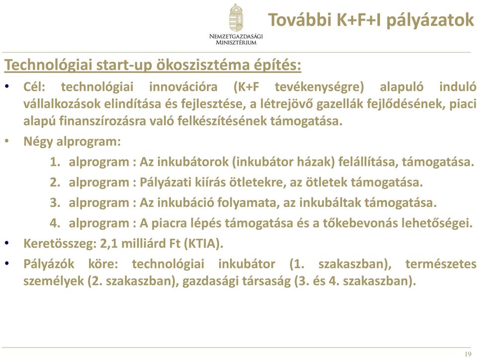 2. alprogram : Pályázati kiírás ötletekre, az ötletek támogatása. 3. alprogram : Az inkubáció folyamata, az inkubáltak támogatása. 4.