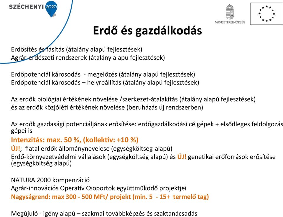 (beruházás új rendszerben) Az erdők gazdasági potenciáljának erősítése: erdőgazdálkodási célgépek + elsődleges feldolgozás gépei is Intenzitás: max. 50 %, (kollek]v: +10 %) ÚJ!