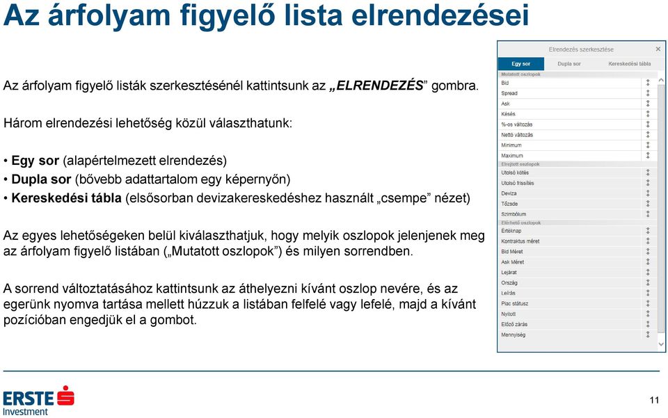 devizakereskedéshez használt csempe nézet) Az egyes lehetőségeken belül kiválaszthatjuk, hogy melyik oszlopok jelenjenek meg az árfolyam figyelő listában ( Mutatott