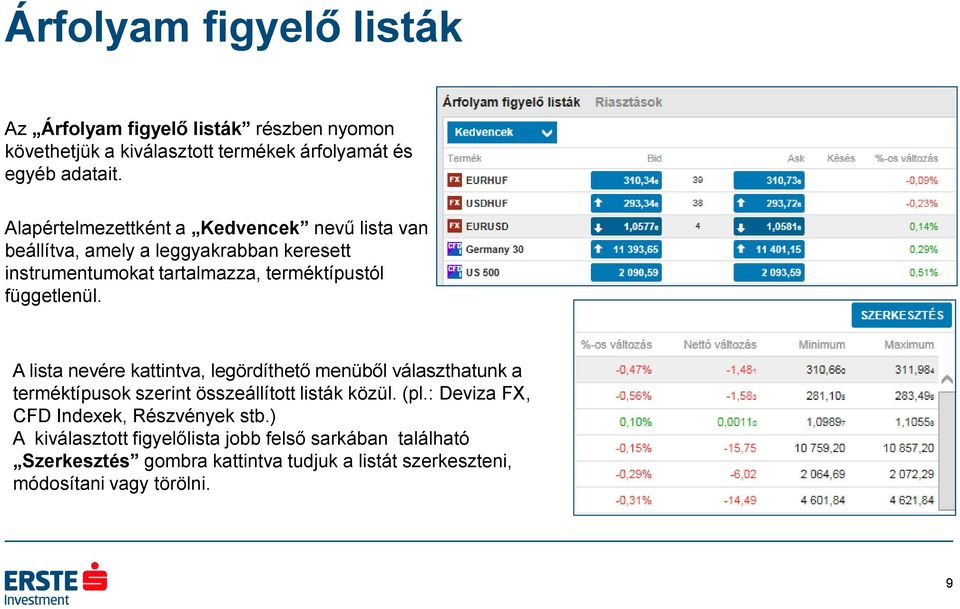 A lista nevére kattintva, legördíthető menüből választhatunk a terméktípusok szerint összeállított listák közül. (pl.