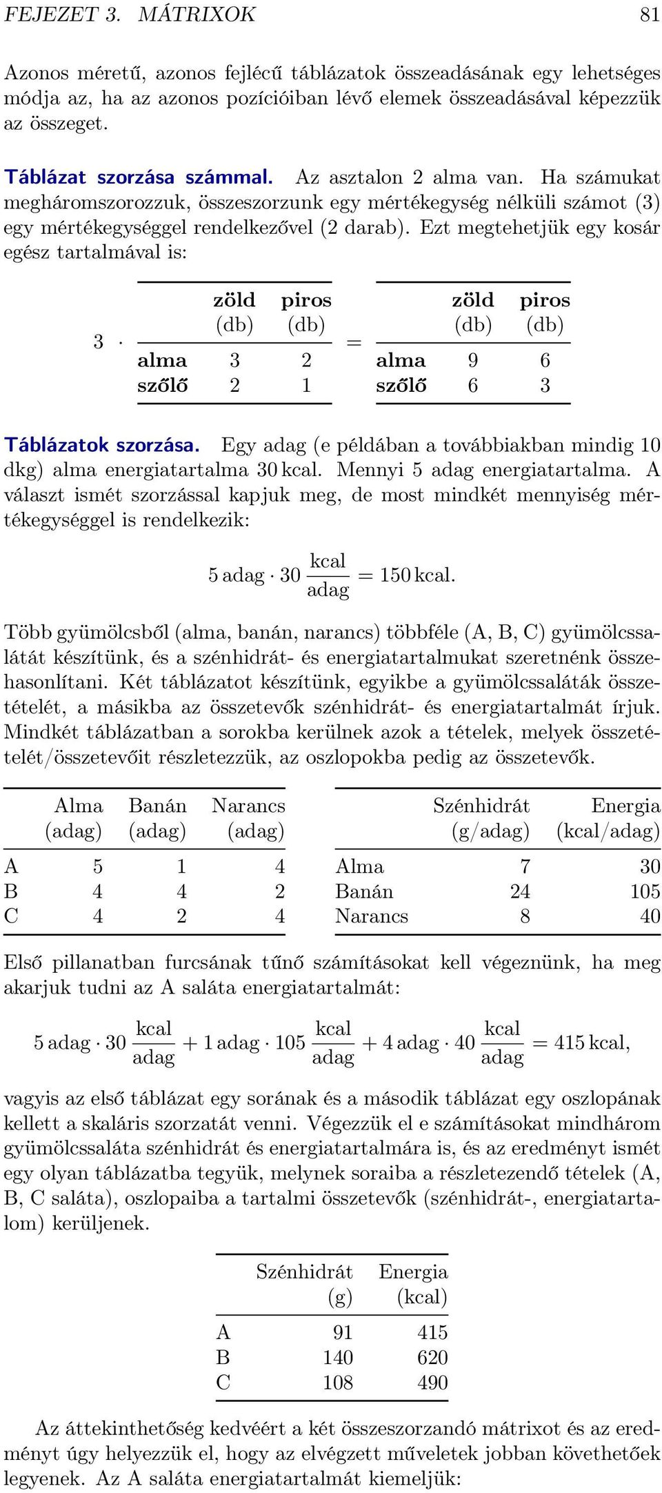 piros (db) alma szőlő zöld (db) piros (db) alma 9 6 szőlő 6 Táblázatok szorzása Egy adag (e példában a továbbiakban mindig dkg) alma energiatartalma kcal Mennyi 5 adag energiatartalma A választ ismét