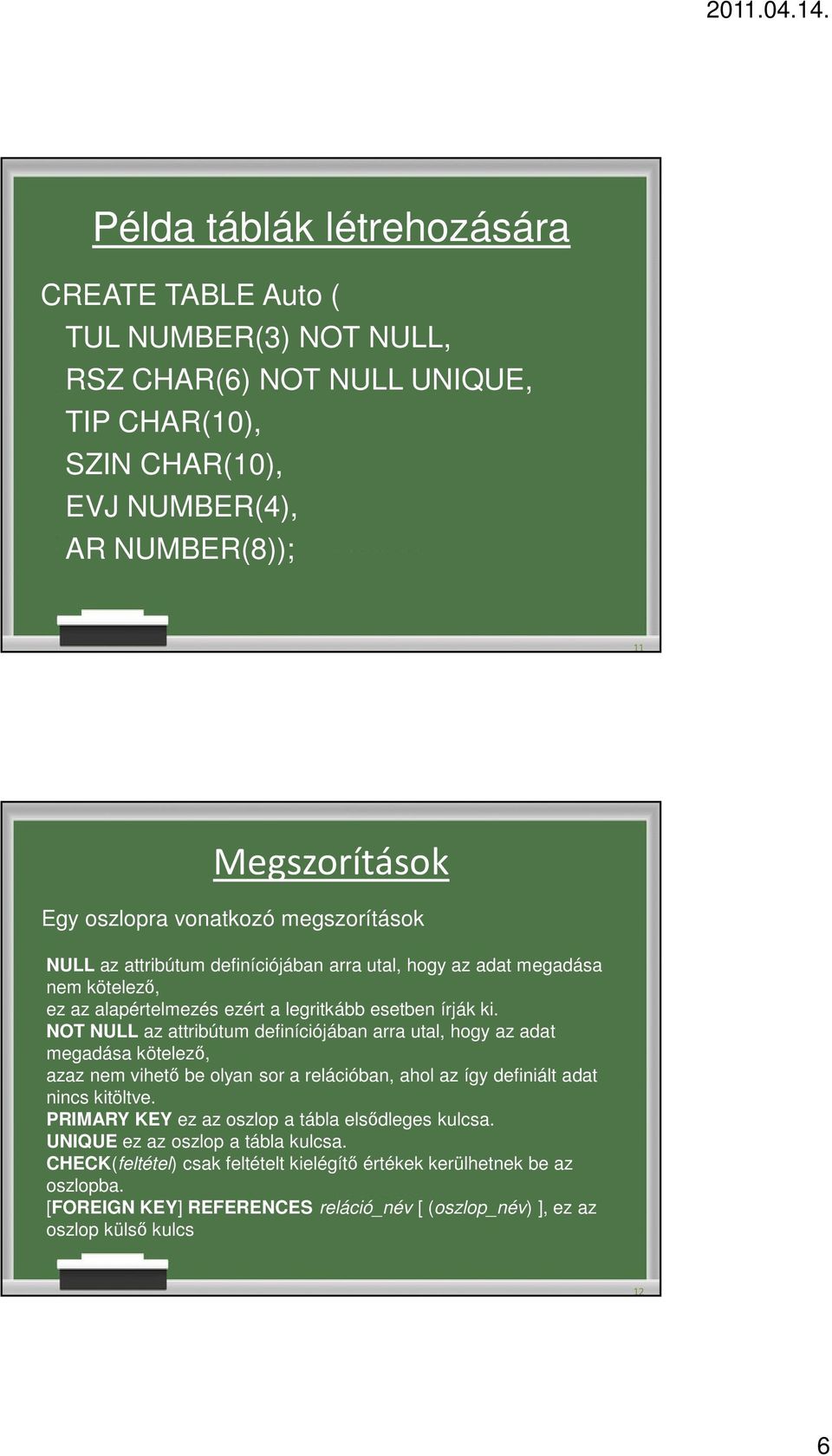 NOT NULL az attribútum definíciójában arra utal, hogy az adat megadása kötelező, azaz nem vihető be olyan sor a relációban, ahol az így definiált adat nincs kitöltve.