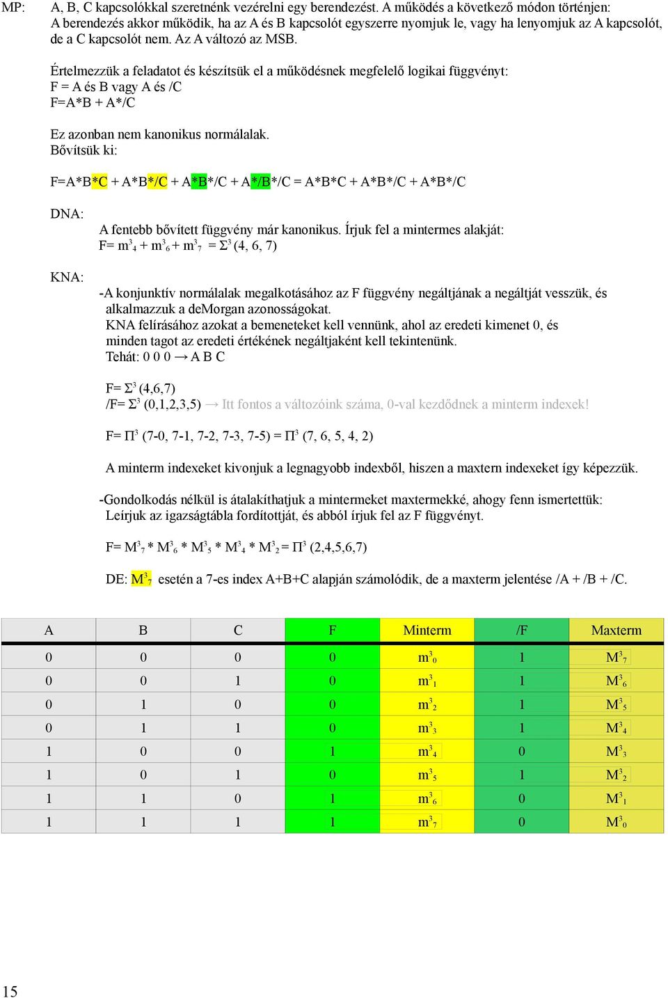 Értelmezzük a feladatot és készítsük el a működésnek megfelelő logikai függvényt: F = A és B vagy A és /C F=A*B + A*/C Ez azonban nem kanonikus normálalak.