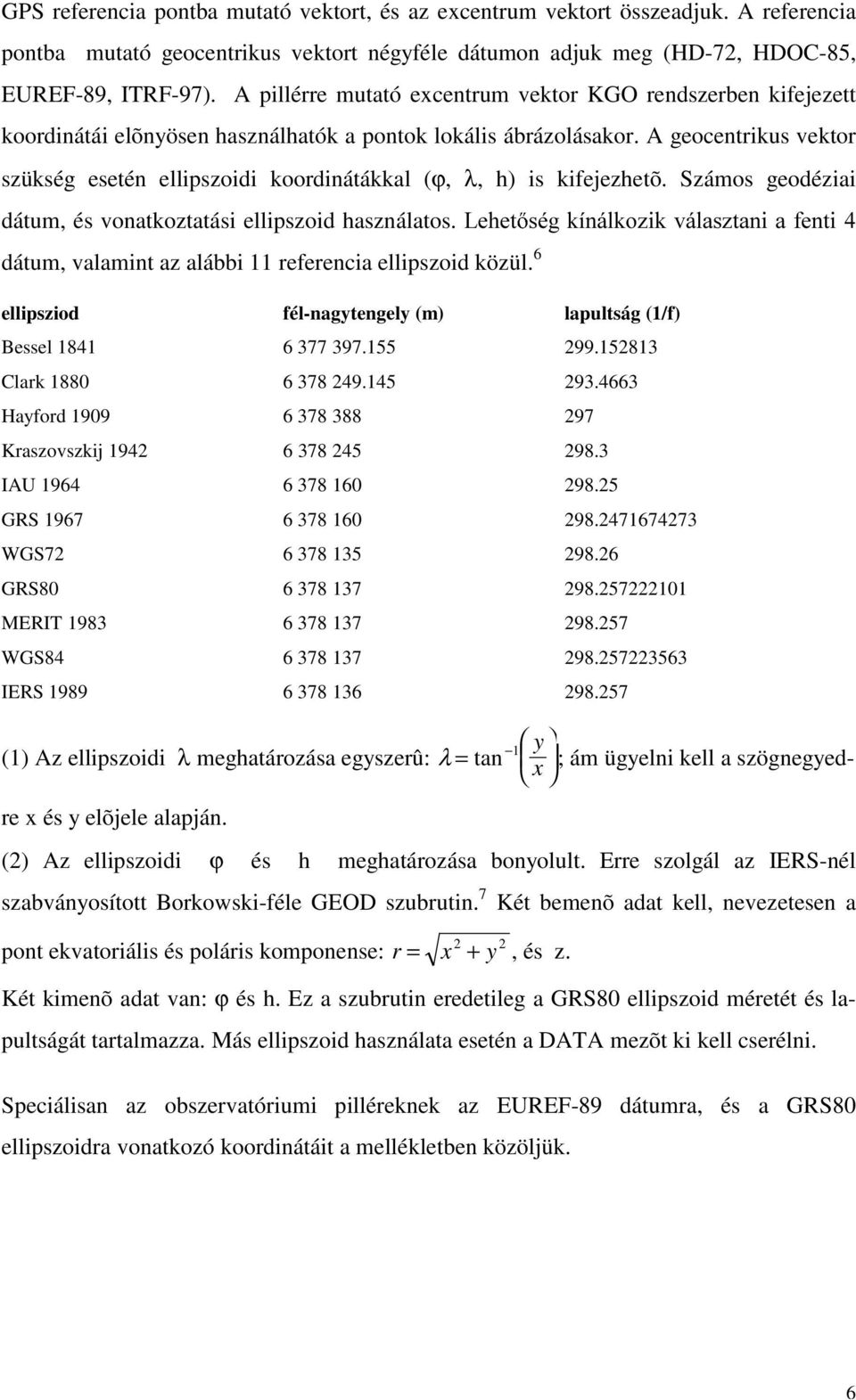 A geocentrikus vektor szükség esetén ellipszoidi koordinátákkal (ϕ, λ, h) is kifejezhetõ. Számos geodéziai dátum, és vonatkoztatási ellipszoid használatos.