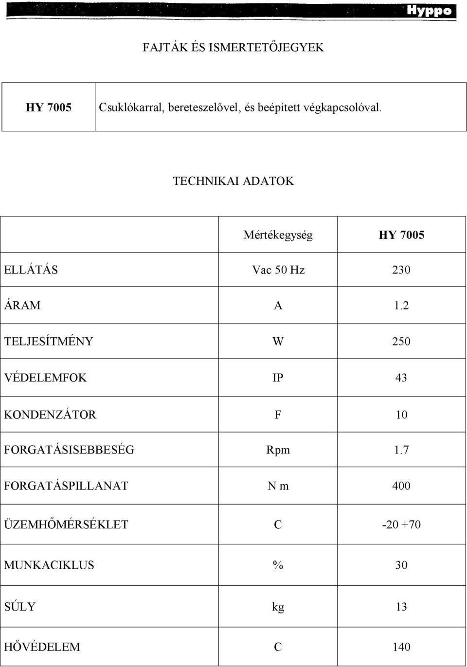 TECHNIKAI ADATOK Mértékegység HY 7005 ELLÁTÁS Vac 50 Hz 230 ÁRAM A 1.