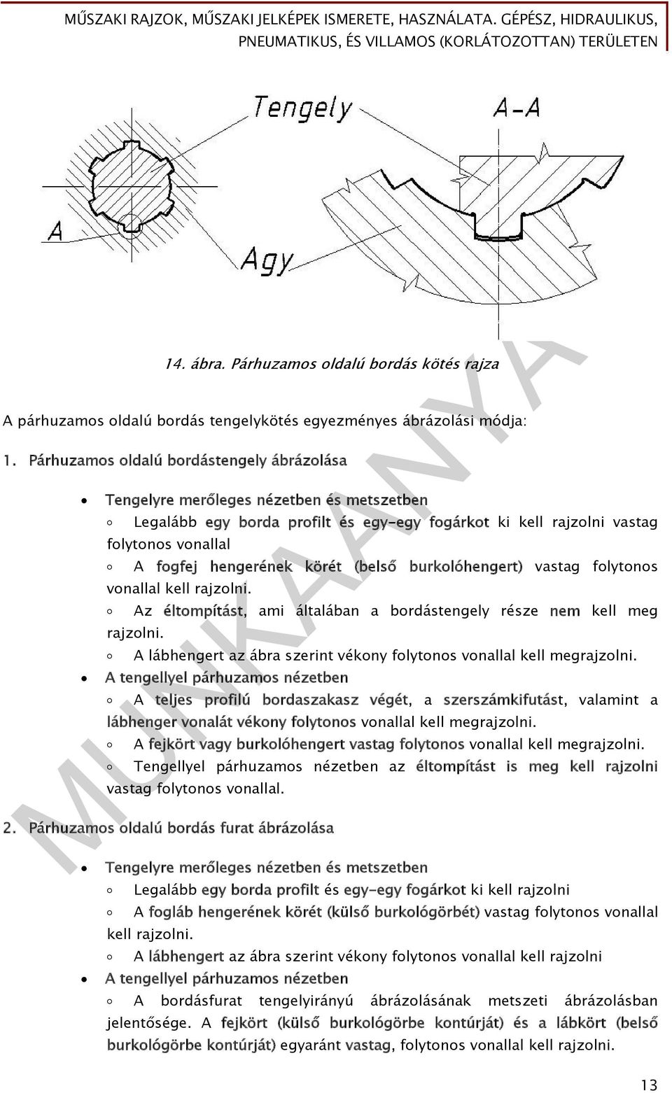 körét (belső burkolóhengert) vastag folytonos vonallal kell rajzolni. Az éltompítást, ami általában a bordástengely része nem kell meg rajzolni.