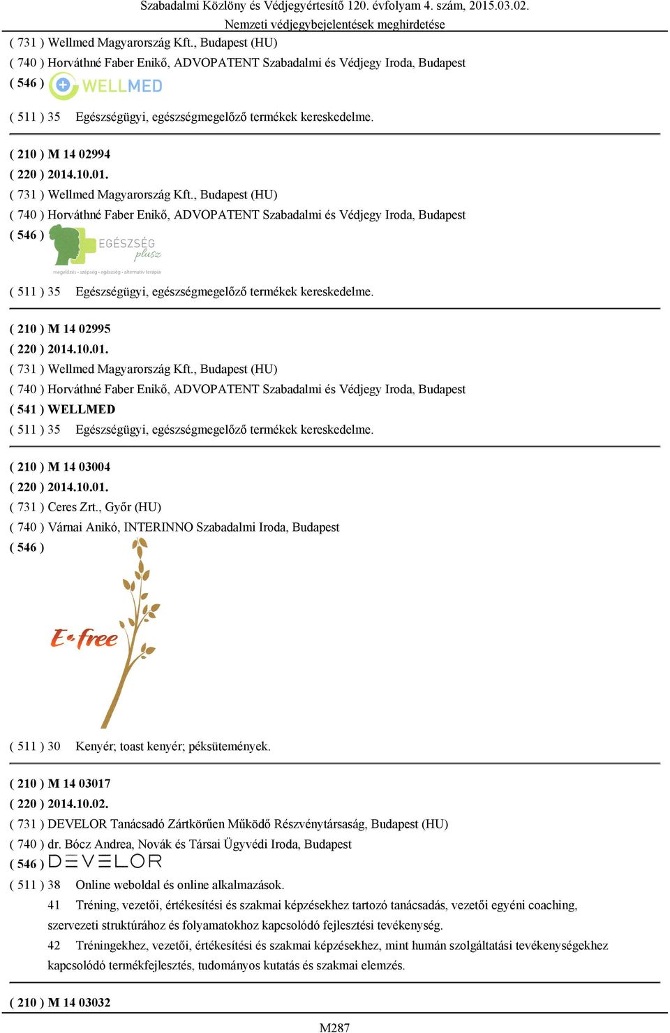 , Budapest (HU) ( 740 ) Horváthné Faber Enikő, ADVOPATENT Szabadalmi és Védjegy Iroda, Budapest ( 511 ) 35 Egészségügyi, egészségmegelőző termékek kereskedelme. ( 210 ) M 14 02995 ( 220 ) 2014