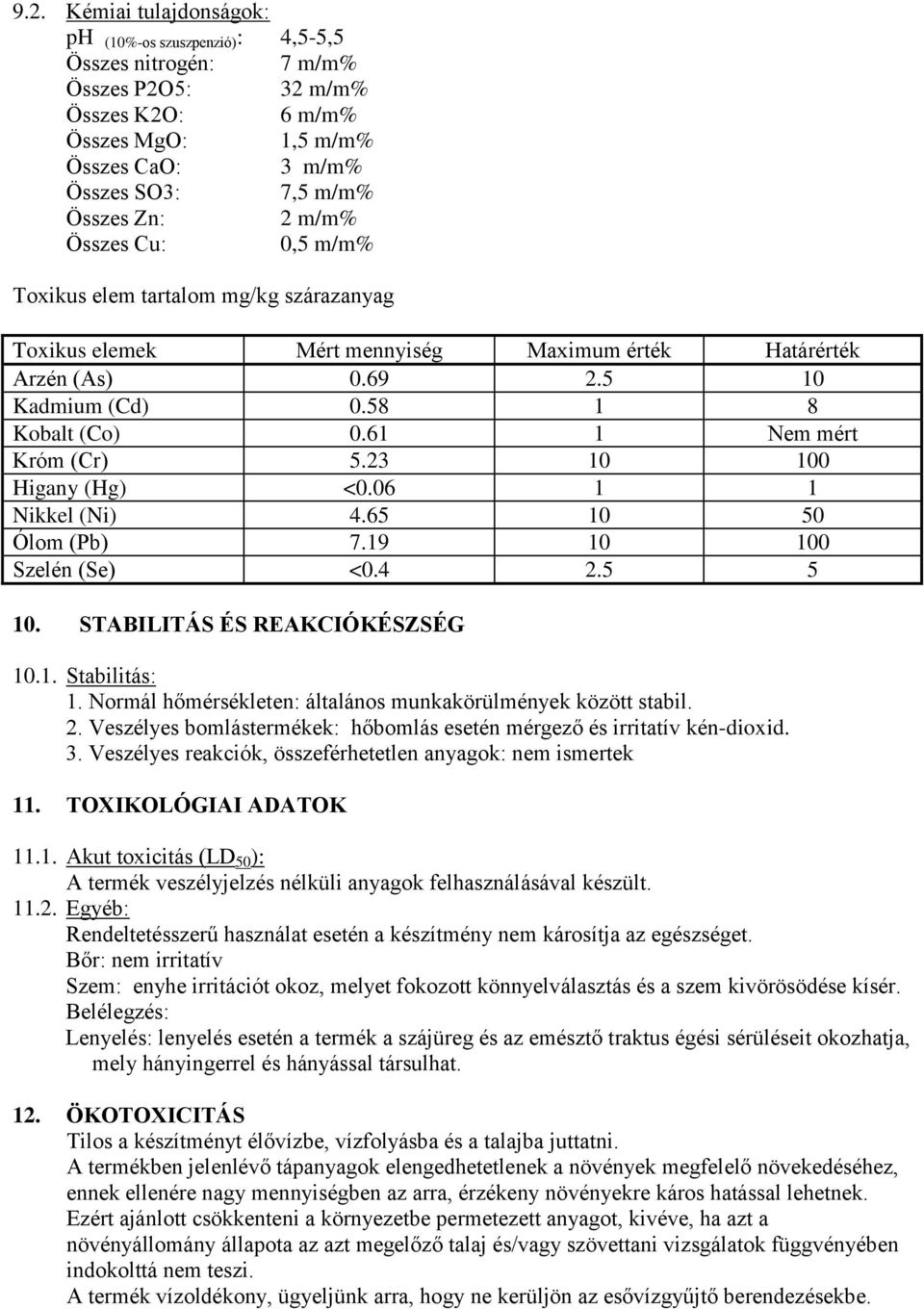 61 1 Nem mért Króm (Cr) 5.23 10 100 Higany (Hg) <0.06 1 1 Nikkel (Ni) 4.65 10 50 Ólom (Pb) 7.19 10 100 Szelén (Se) <0.4 2.5 5 10. STABILITÁS ÉS REAKCIÓKÉSZSÉG 10.1. Stabilitás: 1.