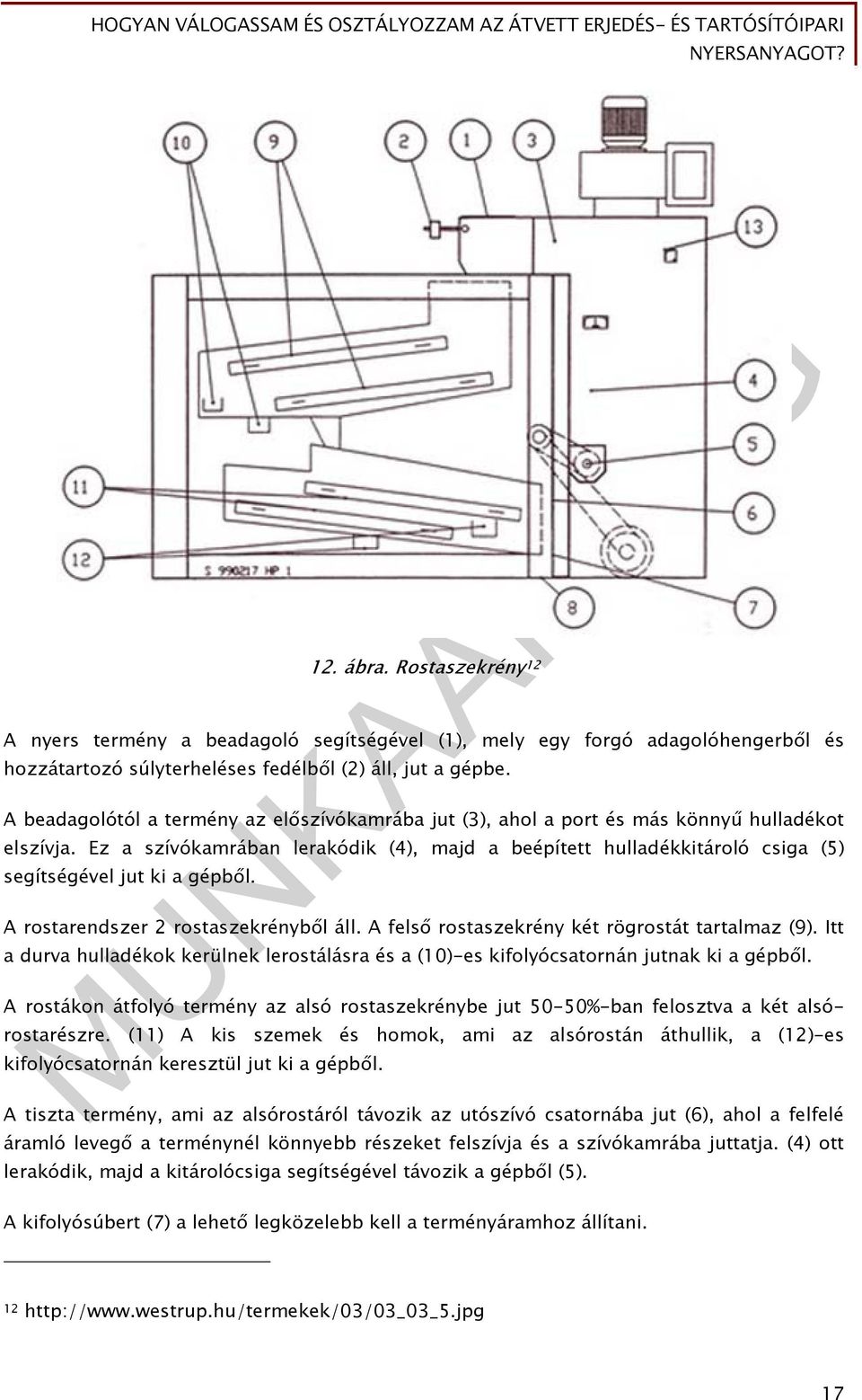 Ez a szívókamrában lerakódik (4), majd a beépített hulladékkitároló csiga (5) segítségével jut ki a gépből. A rostarendszer 2 rostaszekrényből áll. A felső rostaszekrény két rögrostát tartalmaz (9).