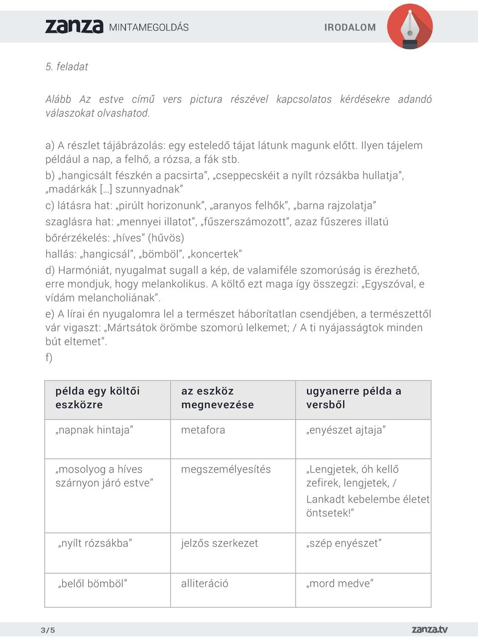 b) hangicsált fészkén a pacsirta, cseppecskéit a nyílt rózsákba hullatja, madárkák [ ] szunnyadnak c) látásra hat: pirúlt horizonunk, aranyos felhők, barna rajzolatja szaglásra hat: mennyei illatot,