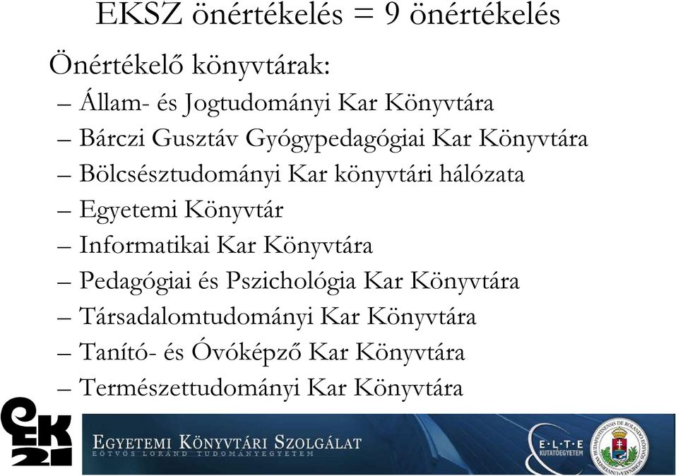 hálózata Egyetemi Könyvtár Informatikai Kar Könyvtára Pedagógiai és Pszichológia Kar