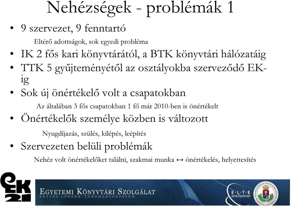 általában 3 fős csapatokban 1 fő már 2010-ben is önértékelt Önértékelők személye közben is változott Nyugdíjazás,