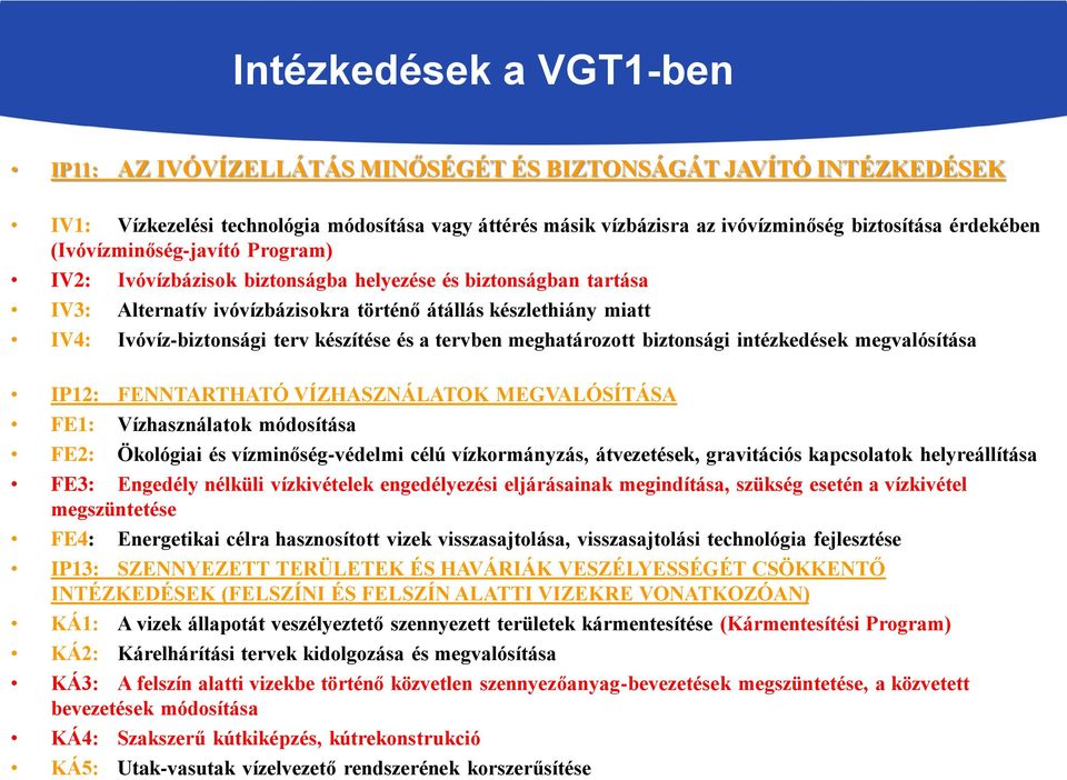 terv készítése és a tervben meghatározott biztonsági intézkedések megvalósítása IP12: FENNTARTHATÓ VÍZHASZNÁLATOK MEGVALÓSÍTÁSA FE1: Vízhasználatok módosítása FE2: Ökológiai és vízminőség-védelmi