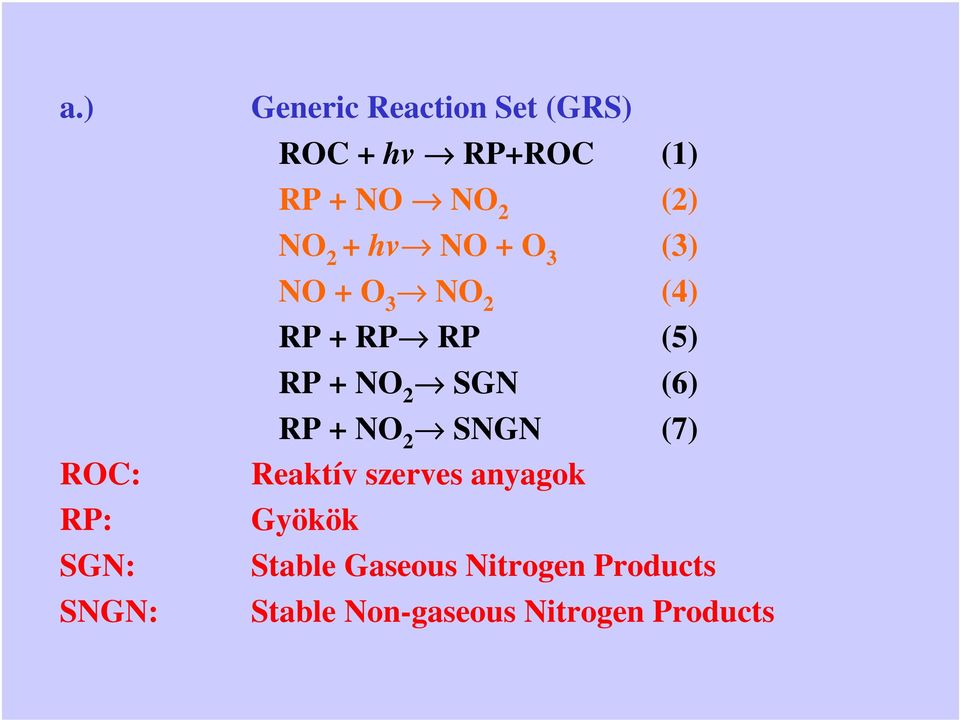 (5) RP + NO 2 SGN (6) RP + NO 2 SNGN (7) Reaktív szerves anyagok