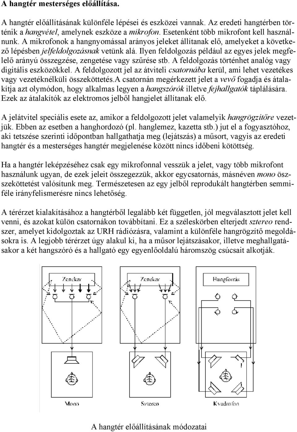 Ilyen feldolgozás például az egyes jelek megfelelő arányú összegzése, zengetése vagy szűrése stb. A feldolgozás történhet analóg vagy digitális eszközökkel.