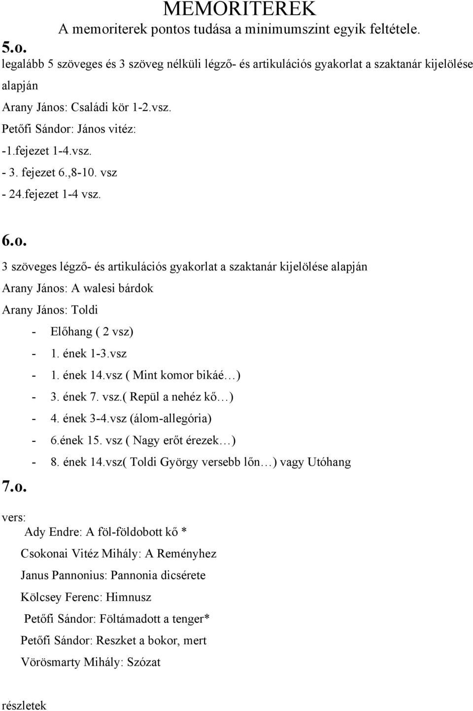 o. - Előhang ( 2 vsz) - 1. ének 1-3.vsz - 1. ének 14.vsz ( Mint komor bikáé ) - 3. ének 7. vsz.( Repül a nehéz kő ) - 4. ének 3-4.vsz (álom-allegória) - 6.ének 15. vsz ( Nagy erőt érezek ) - 8.