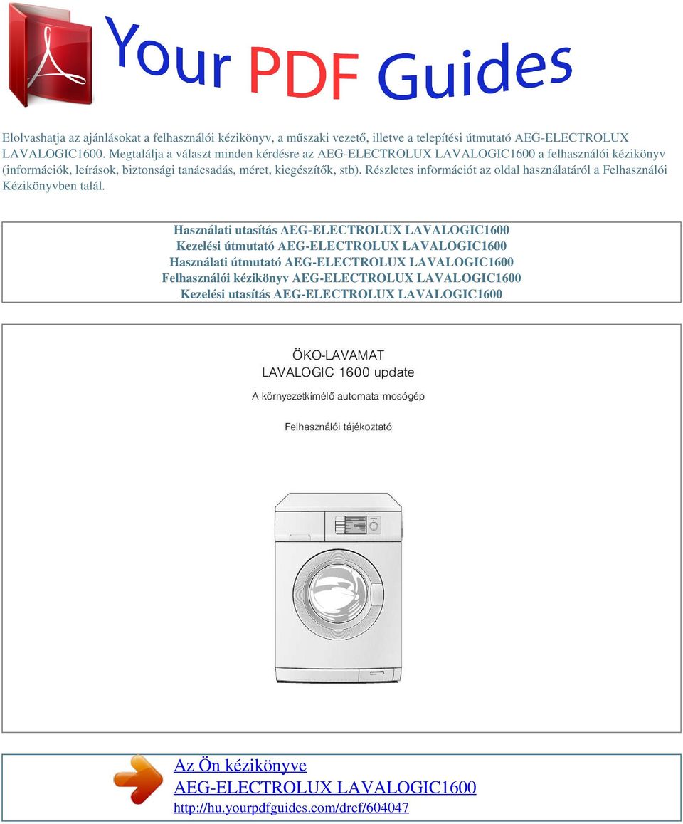 Az Ön kézikönyve AEG-ELECTROLUX LAVALOGIC PDF Free Download