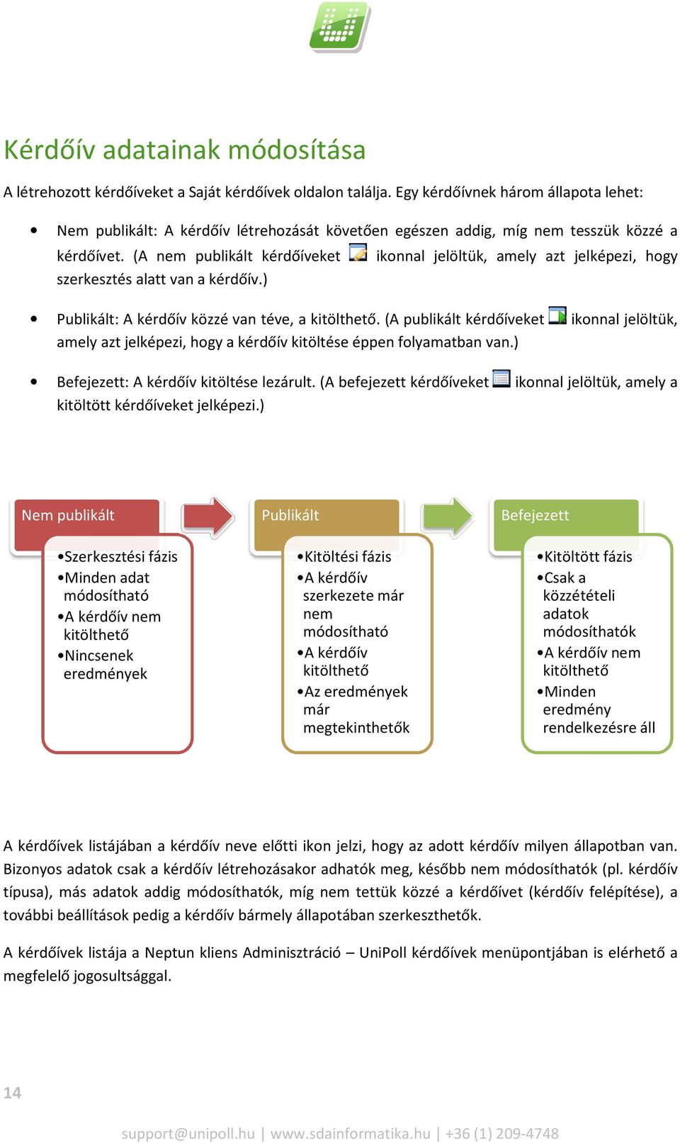 ) ikonnal jelöltük, amely azt jelképezi, hogy Publikált: A kérdőív közzé van téve, a kitölthető.