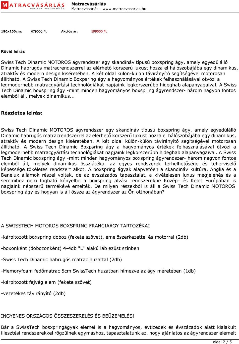 Swiss Tech Dinamic MOTOROS Boxspring ágy - PDF Ingyenes letöltés