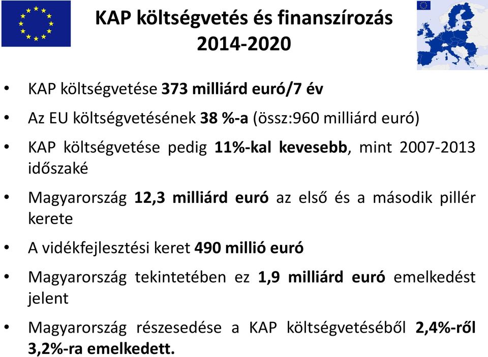 milliárd euró az első és a második pillér kerete A vidékfejlesztési keret 490 millió euró Magyarország