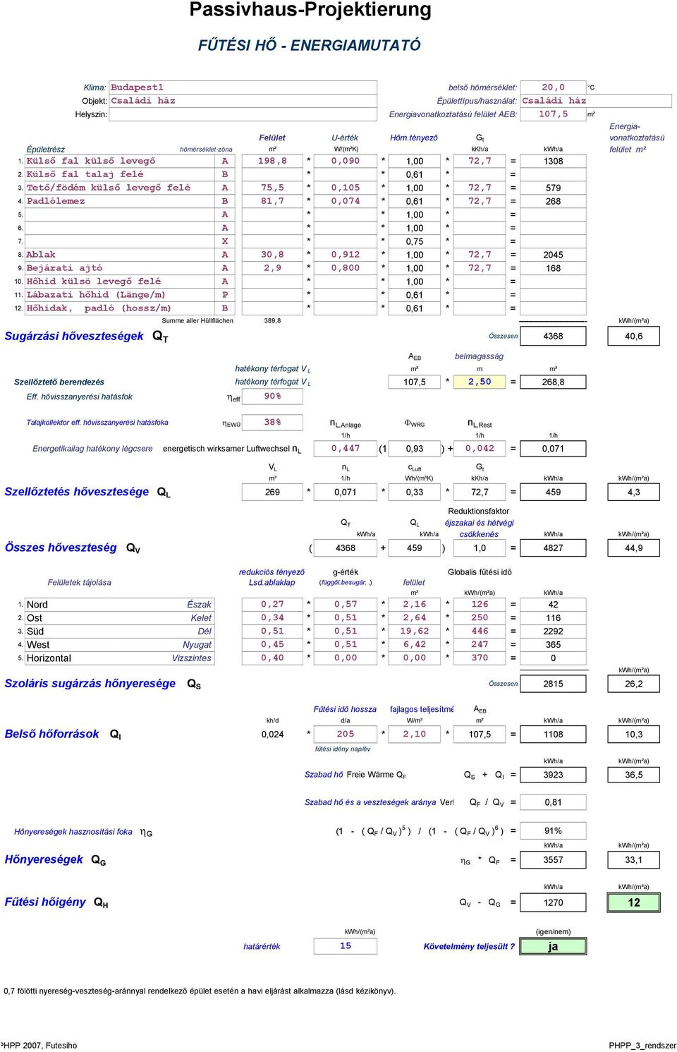 Külsı fal talaj felé B * * 0,61 * = 3. Tetı/födém külsı levegı felé A 75,5 * 0,105 * 1,00 * 72,7 = 579 4. Padlólemez B 81,7 * 0,074 * 0,61 * 72,7 = 268 5. A * * 1,00 * = 6. A * * 1,00 * = 7.