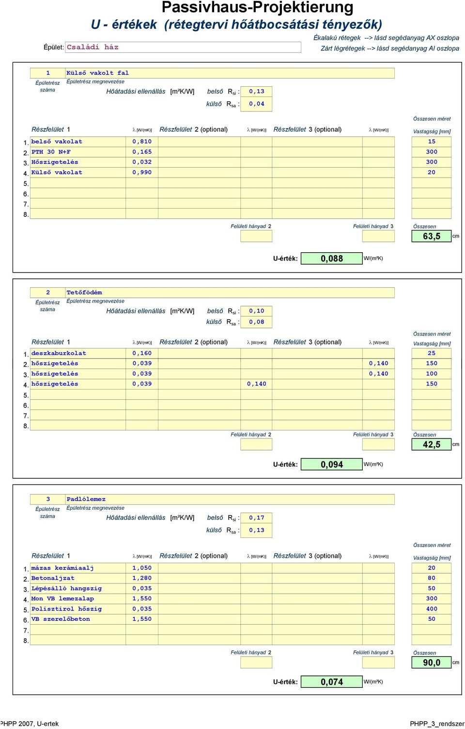 (optional) λ [W/(mK)] Vastagság [mm] 1. belsı vakolat 0,810 15 2. PTH 30 N+F 0,165 300 3. Hıszigetelés 0,032 300 4. Külsı vakolat 0,990 20 5. 6. 7. 8.