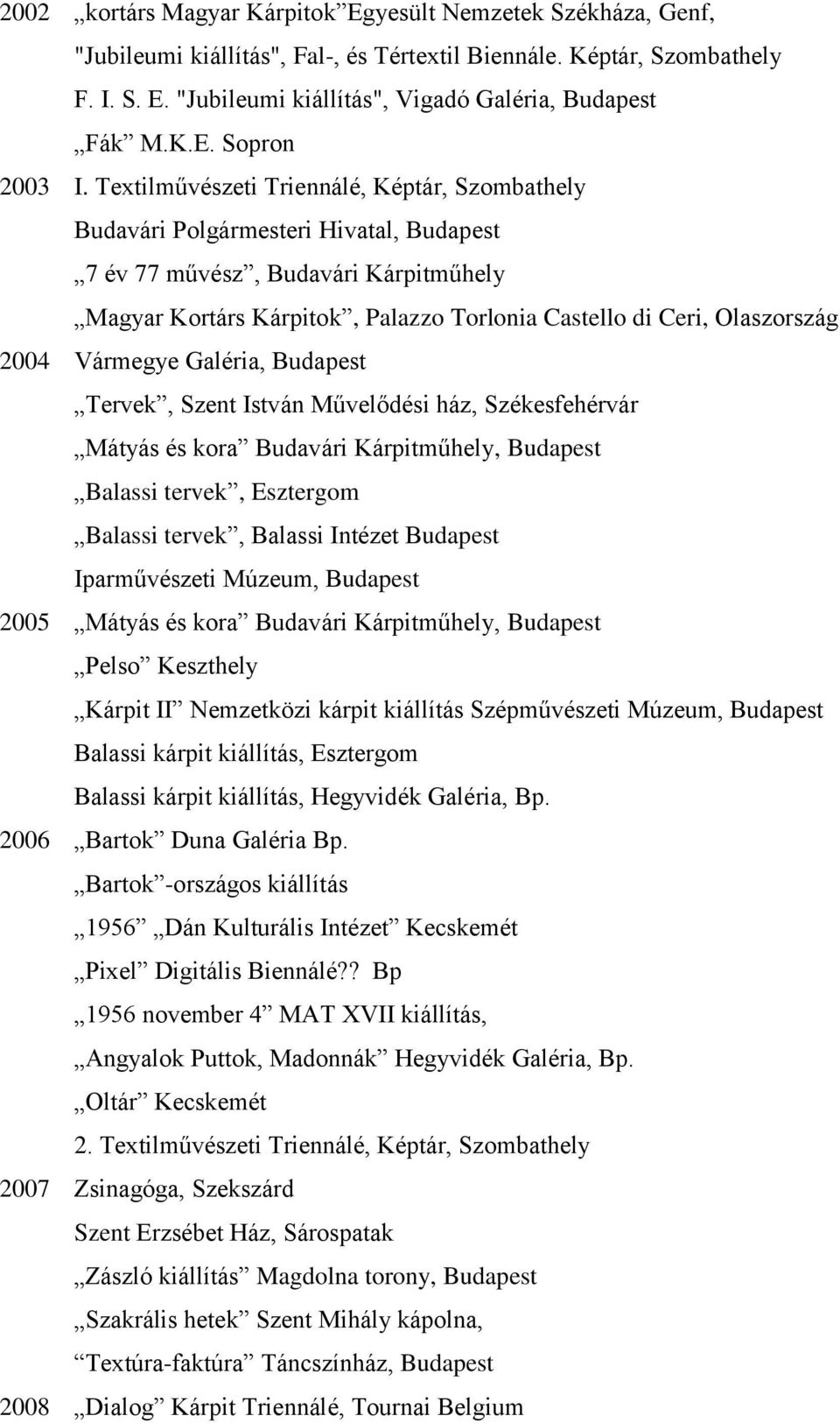 Textilművészeti Triennálé, Képtár, Szombathely Budavári Polgármesteri Hivatal, Budapest 7 év 77 művész, Budavári Kárpitműhely Magyar Kortárs Kárpitok, Palazzo Torlonia Castello di Ceri, Olaszország