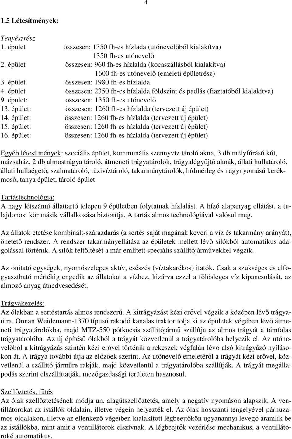 épület összesen: 2350 fh-es hízlalda földszint és padlás (fiaztatóból kialakítva) 9. épület: összesen: 1350 fh-es utónevelő 13. épület: összesen: 1260 fh-es hízlalda (tervezett új épület) 14.