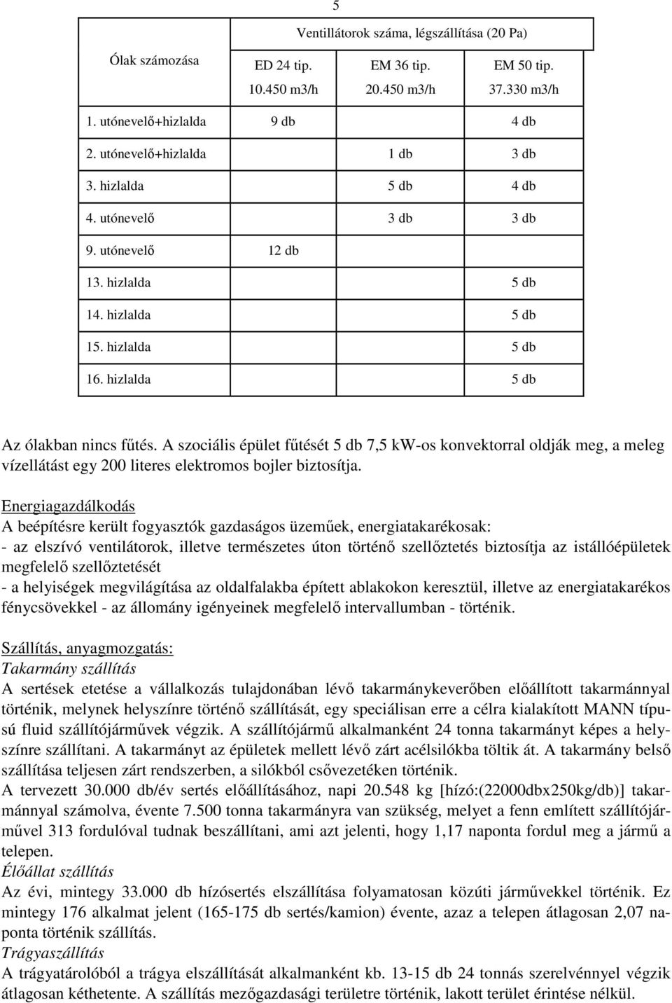 A szociális épület fűtését 5 db 7,5 kw-os konvektorral oldják meg, a meleg vízellátást egy 200 literes elektromos bojler biztosítja.