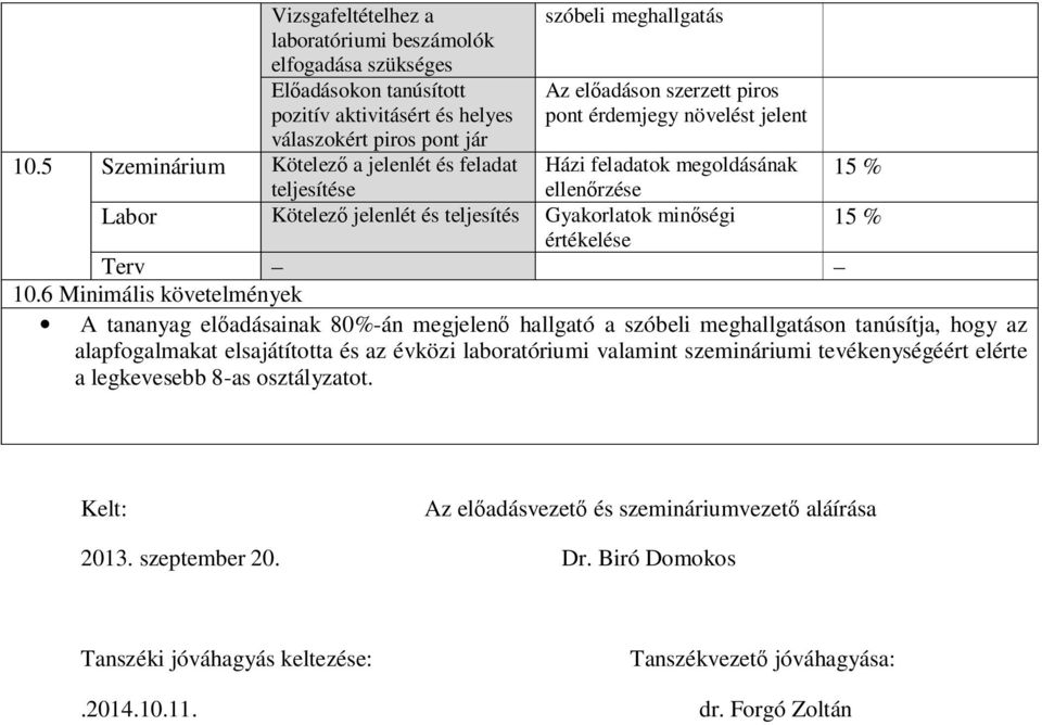 jelenlét és teljesítés Gyakorlatok minőségi 15 % értékelése Terv 10.