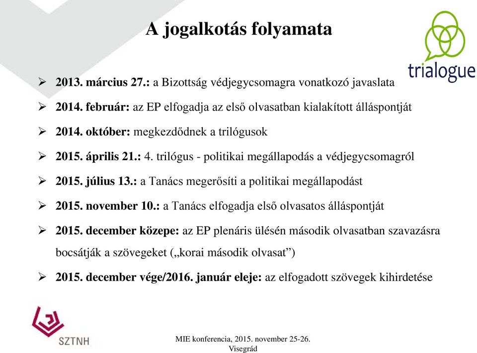 trilógus - politikai megállapodás a védjegycsomagról 2015. július 13.: a Tanács megerősíti a politikai megállapodást 2015. november 10.