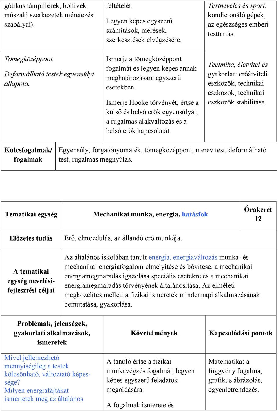 Ismerje Hooke törvényét, értse a külső és belső erők egyensúlyát, a rugalmas alakváltozás és a belső erők kapcsolatát. Testnevelés és sport: kondicionáló gépek, az egészséges emberi testtartás.