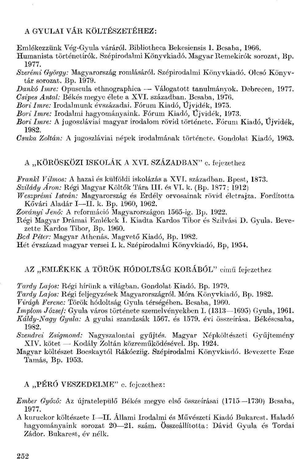 Csipes Antal: Békés megye élete a XVI. században. Bcsaba, 1976. Bori Imre: Irodalmunk évszázadai. Fórum Kiadó, Újvidék, 1975. Bori Imre: Irodalmi hagyományaink. Fórum Kiadó, Újvidék, 1973.