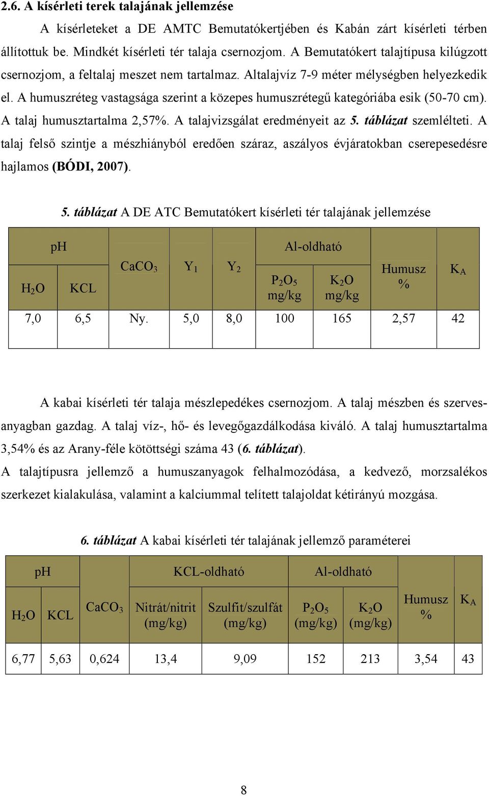 A humuszréteg vastagsága szerint a közepes humuszrétegű kategóriába esik (50-70 cm). A talaj humusztartalma 2,57%. A talajvizsgálat eredményeit az 5. táblázat szemlélteti.