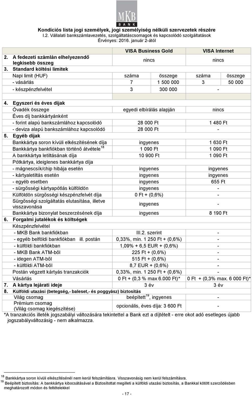 Egyszeri és éves díjak Óvadék összege egyedi elbírálás alapján Éves díj bankkártyánként - forint alapú bankszámlához kapcsolódó 28 000 Ft 1 480 Ft - deviza alapú bankszámlához kapcsolódó 28 000 Ft -