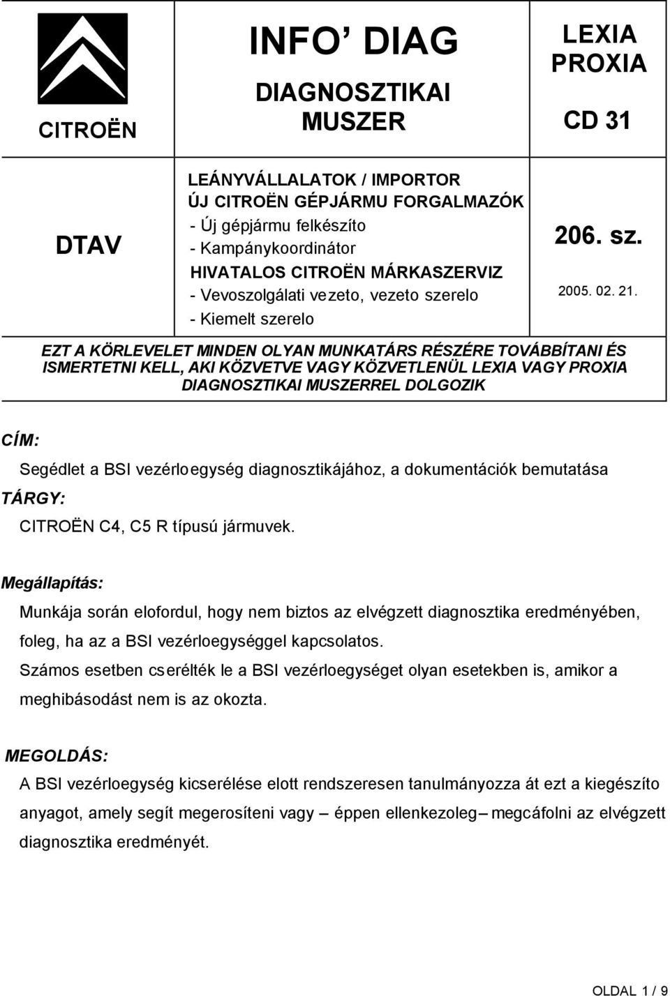 EZT A KÖRLEVELET MINDEN OLYAN MUNKATÁRS RÉSZÉRE TOVÁBBÍTANI ÉS ISMERTETNI KELL, AKI KÖZVETVE VAGY KÖZVETLENÜL LEXIA VAGY PROXIA DIAGNOSZTIKAI MUSZERREL DOLGOZIK CÍM: Segédlet a BSI vezérloegység