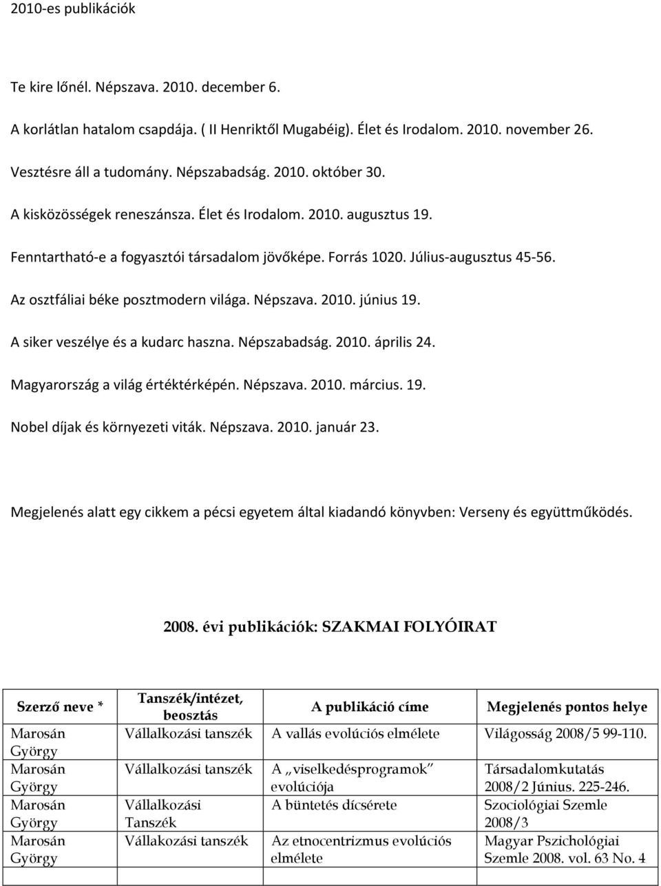 Az osztfáliai béke posztmodern világa. Népszava. 2010. június 19. A siker veszélye és a kudarc haszna. Népszabadság. 2010. április 24. Magyarország a világ értéktérképén. Népszava. 2010. március. 19. Nobel díjak és környezeti viták.