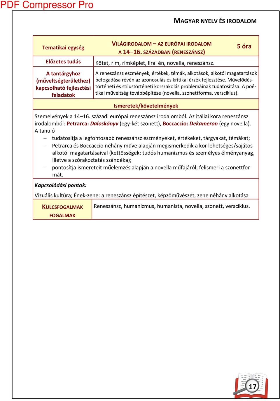 5 óra A re eszá sz esz é yek, értékek, té ák, alkotások, alkotói agatartások befogadása révé az azo osulás és kritikai érzék fejlesztése.