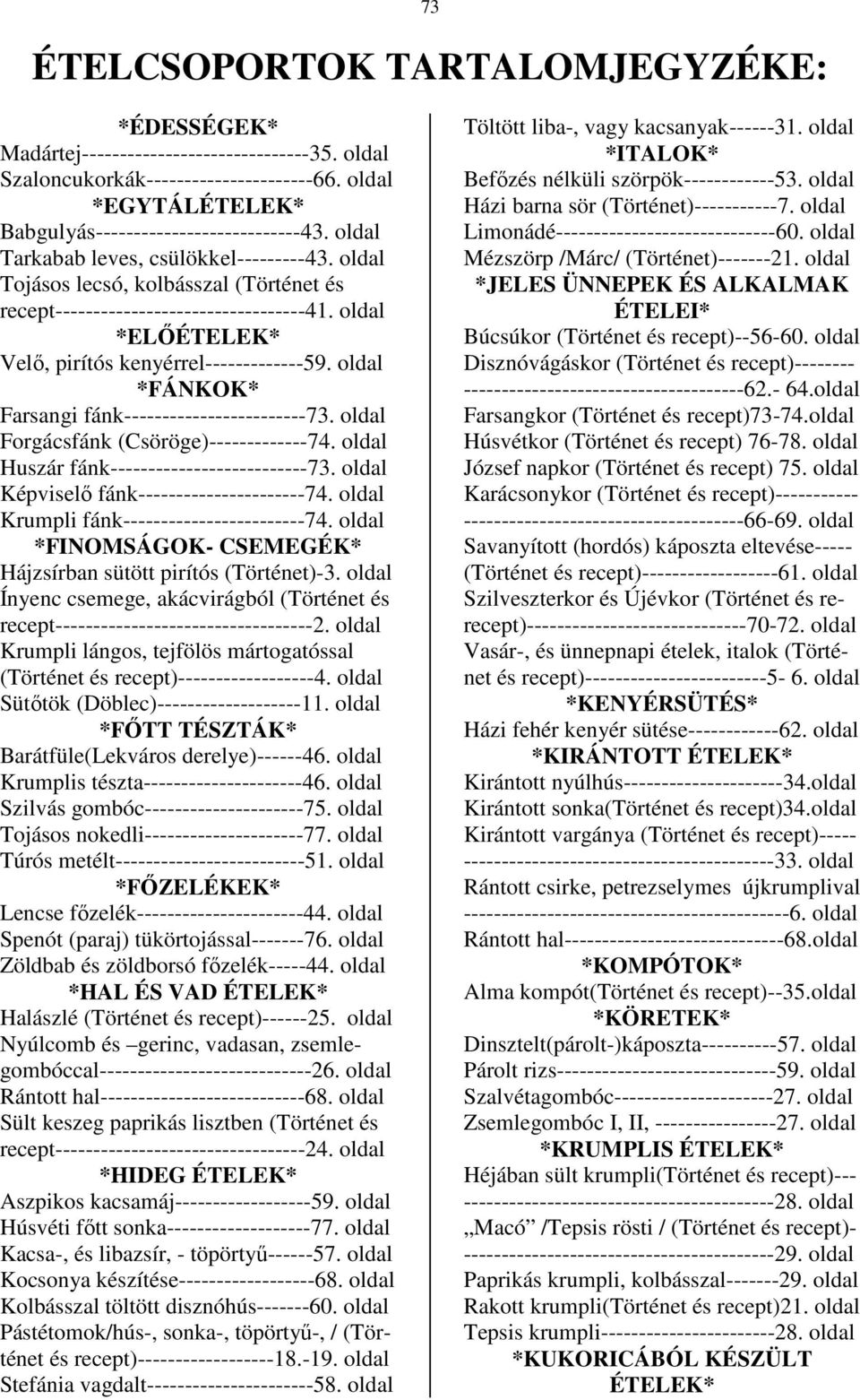 oldal *FÁNKOK* Farsangi fánk------------------------73. oldal Forgácsfánk (Csöröge)-------------74. oldal Huszár fánk--------------------------73. oldal Képviselő fánk----------------------74.