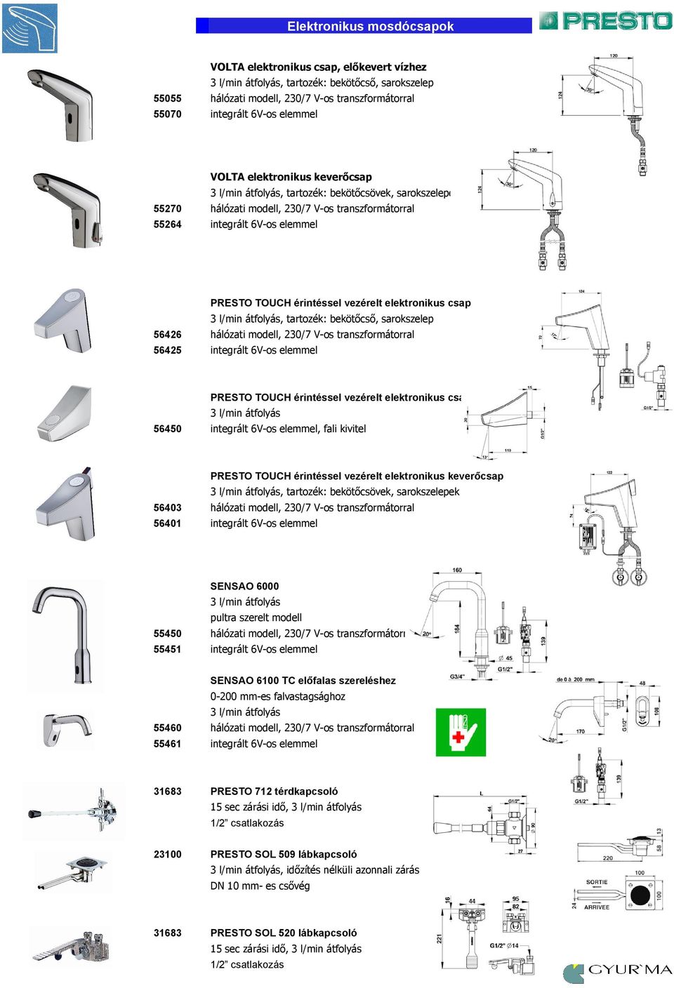 vezérelt elektronikus csap 3 l/min átfolyás, tartozék: bekötőcső, sarokszelep 56426 hálózati modell, 230/7 V-os transzformátorral 56425 integrált 6V-os elemmel PRESTO TOUCH érintéssel vezérelt