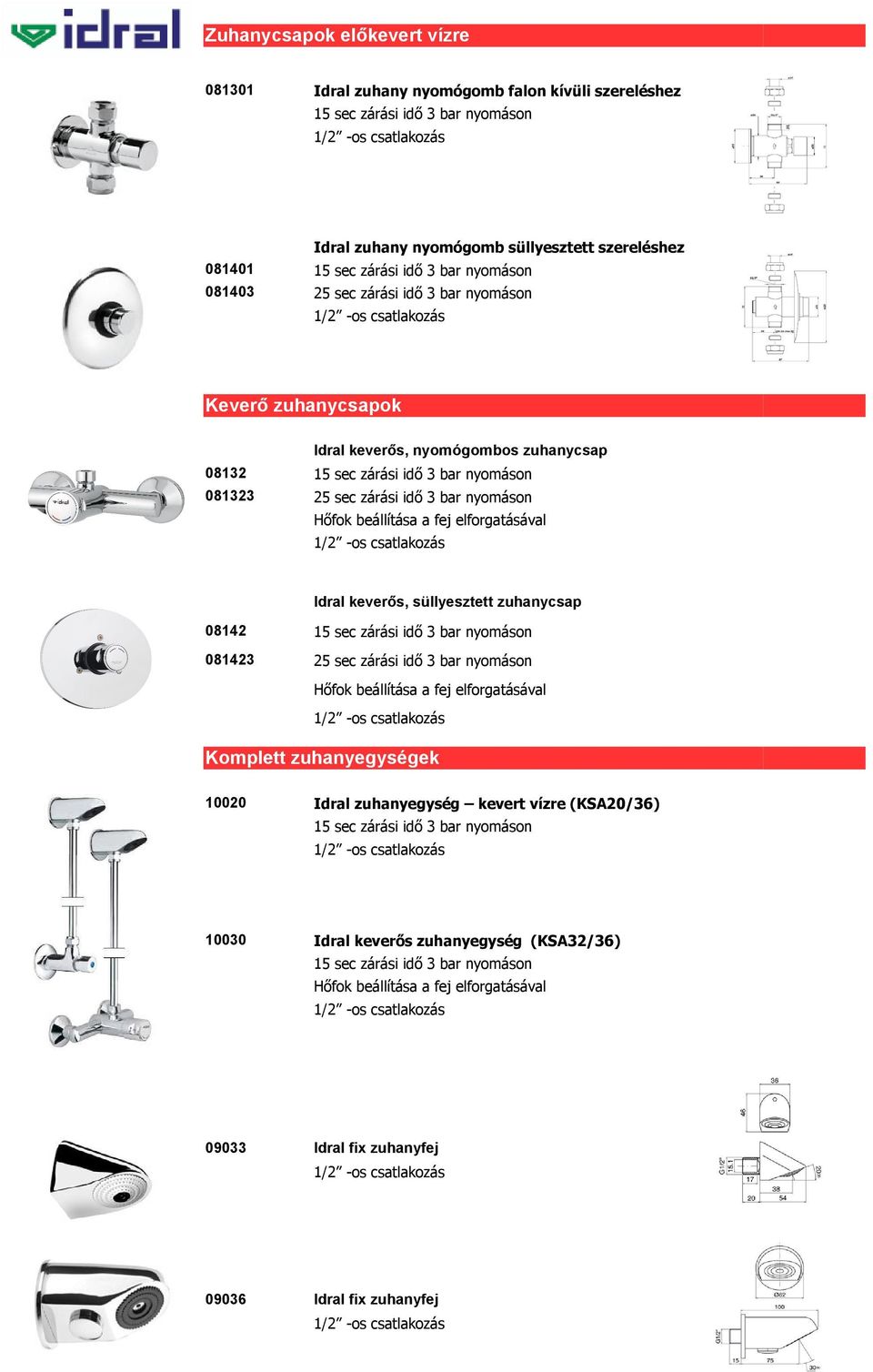 Idral keverős, süllyesztett zuhanycsap 08142 081423 25 sec zárási idő 3 bar nyomáson Hőfok beállítása a fej elforgatásával Komplett zuhanyegységek 10020 S Idral