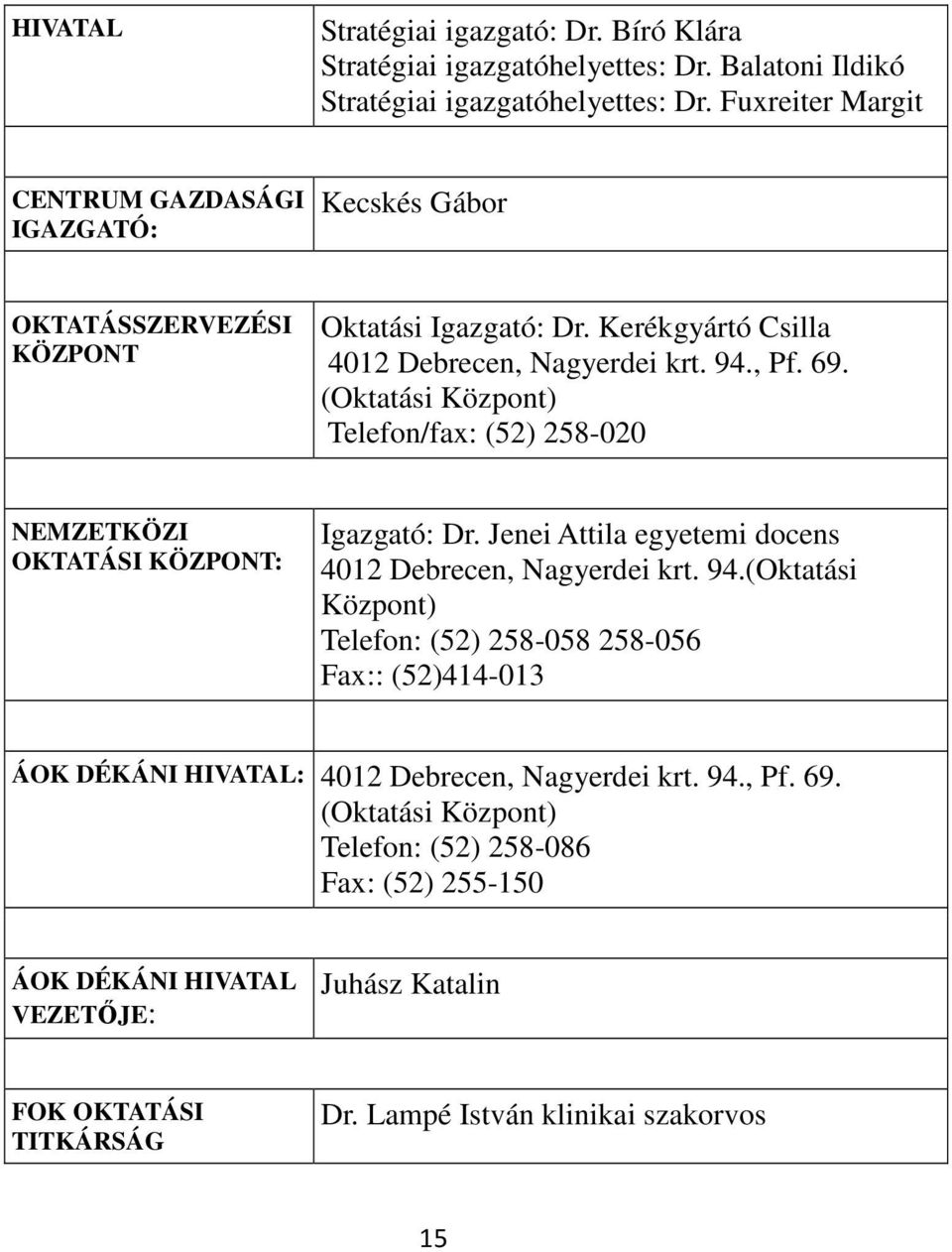 (Oktatási Központ) Telefon/fax: (52) 258-020 NEMZETKÖZI OKTATÁSI KÖZPONT: Igazgató: Dr. Jenei Attila egyetemi docens 4012 Debrecen, Nagyerdei krt. 94.